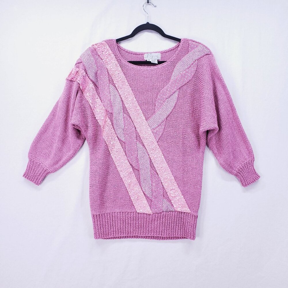 Vintage Nannell Size M Pink Hand Knit Sweater Sequin Textured Retro